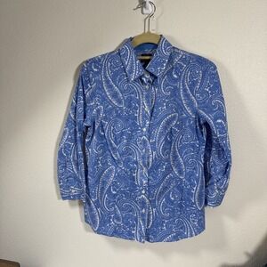 Talbots Women's Wrinkle Resistant 3/4 Sleeve Button‎ Front Shirt Blue Size 2 D1